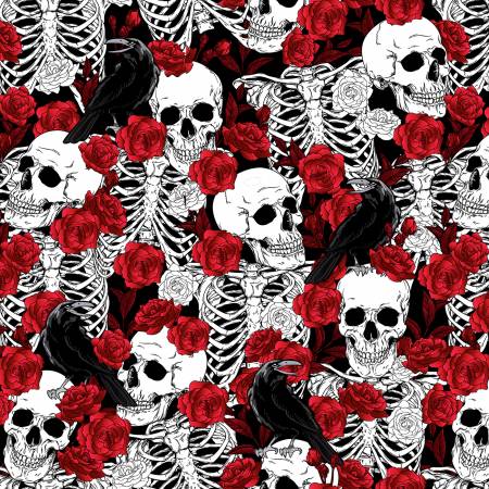 Bones & Roses From Fabric Traditions. Studio Cottons by Fabric Traditions Collection. This fabric delivers a bold and edgy look with a striking pattern of white skulls and skeletons intertwined with vibrant red roses and perched black crows, set against a dark background for a dramatic effect.
100% Cotton
44/45"