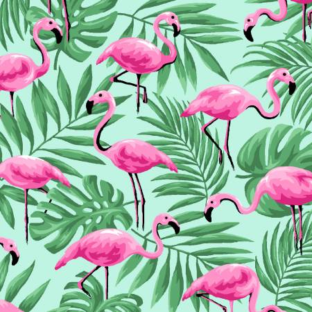Pink Flamingos - From Fabric Traditions. Studio Cottons by Fabric Traditions Collection. This fabric captures a tropical vibe with a lively pattern of bright pink flamingos standing gracefully among lush green palm leaves and fronds on a soft mint background.
100% Cotton
44/45"