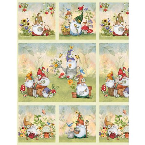 Gnome Garden Fabric Panel From Wilmington By Susan Winget 100% 24" x 44/45"