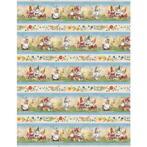 Gnome Garden Repeate Border Stripe From Wilmington By Susan Winget 100% Cotton 44/45"