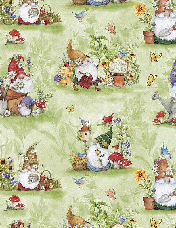 Gnome & Garden Gnomes All Over - Green - From Wilmington Prints By Susan Winget
