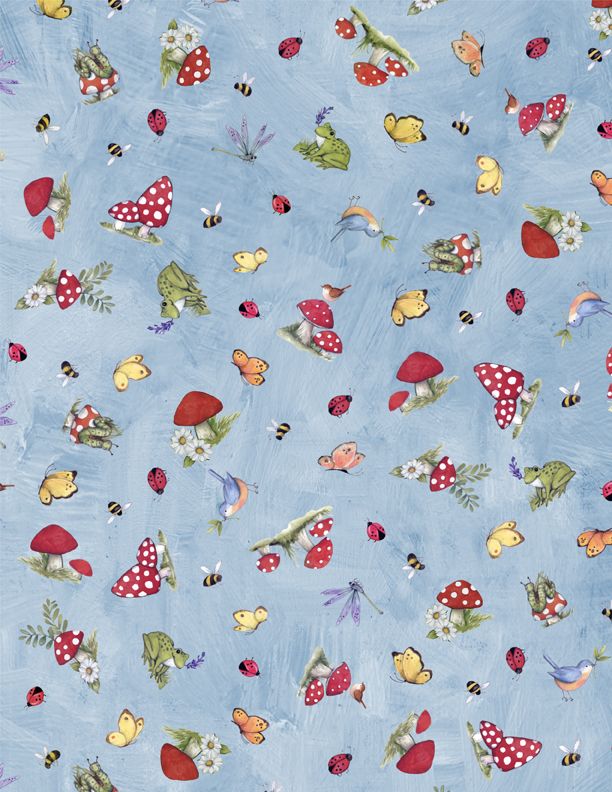 Gnome & Garden - Mushroom Toss - Blue From Wilmington By Susan Winget 100% Cotton 44/45"