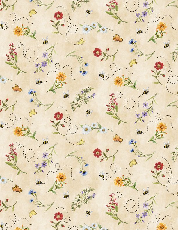 Gnome Garden Cream Flower Toss From Wilmington By Susan Winget 100% Cotton 44/45"