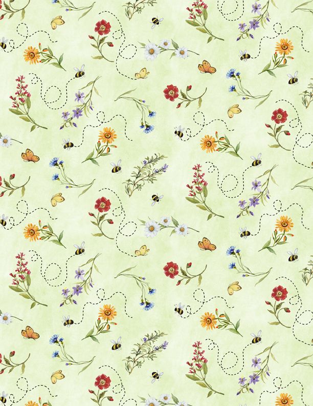 Gnome & Garden - Flower Toss - Green From Wilmington By Susan Winget 100% Cotton 44/45"