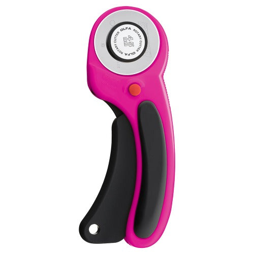 OLFA 45mm Ergonomic Rotary Cutter Magenta The most popular size and handle in Magenta. Features curved handle with squeeze trigger to lessen hand fatigue. Dual action safety lock Cuts multiple layers of fabric at once. Designed for both right and left handed use Lifetime Guarantee. Auto Retract Blade for safety.