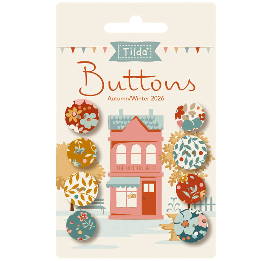 Village Life - Buttons - Autumn - 8 pcs
From Tilda
4 pcs 0.55 inches (14 mm)
4 pcs 0.63 inches (16 mm)
100% Cotton Fabric Covered With Metal Core
8 Buttons per Package