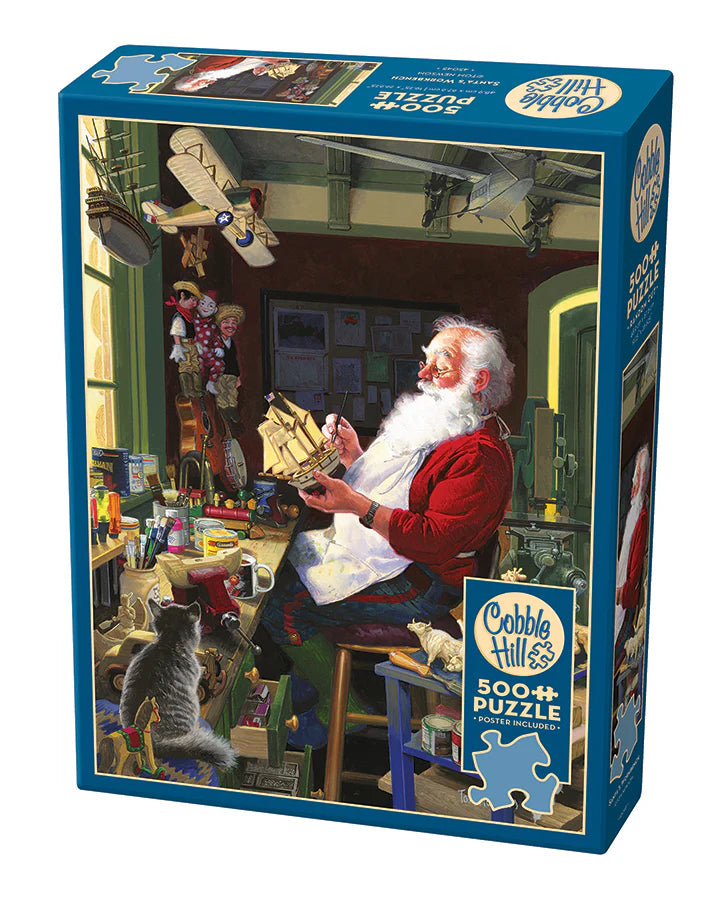 Santa's Workbench - 500 Piece
From Cobble Hill
At Santa's Work Bench we find good Ol' Saint Nick's attention taken up with the painting of his sailboat. Will the wooden animals get painted before Christmas? It looks like he already has a wooden train painted and another boat being built. Santa is a busy man!