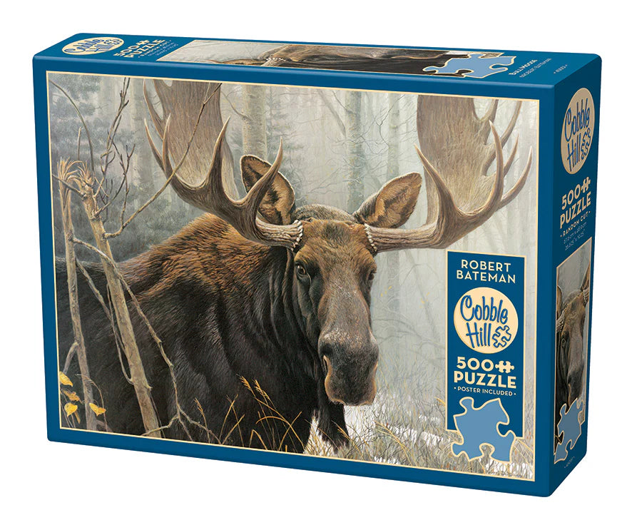 Bull Moose - 500 Piece
From Cobble Hill
Robert Bateman's Bull Moose is an exquisite 500 piece puzzle. The first snows of winter find the bull moose in peak condition. His antlers have been cleared of the ragged velvet leftover from the summer growing, and his coat has reached its thick and glossy prime
