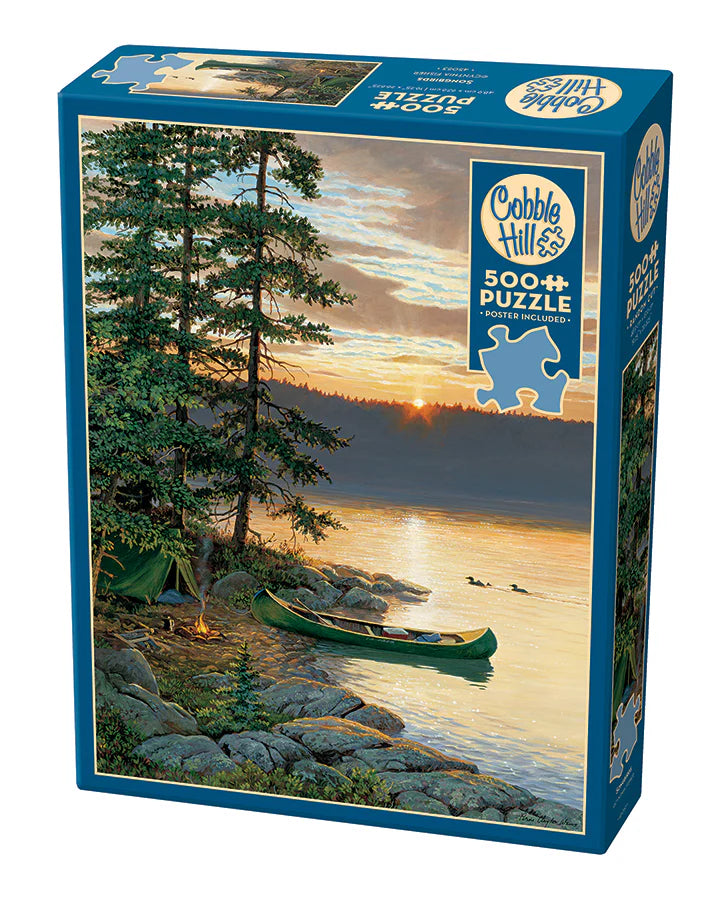 Canoe Lake- 500 Piece
From Cobble Hill
The tent is up, the campfire is burning, and the sun is setting. Is it sunset or sunrise at Canoe Lake?