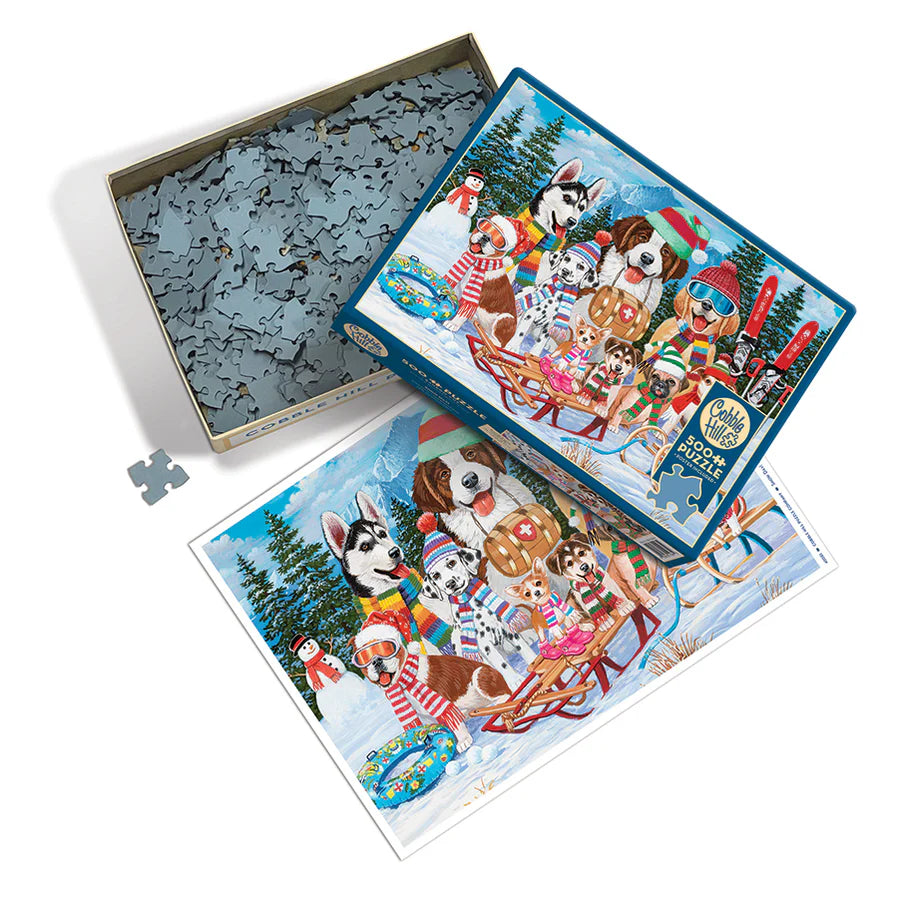 Snow Day!- 500 Piece
Hey, hey, it's a Snow Day! We really wanted to throw in three exclamations on the title because this one is so fun! Look at all those furry friends ready to patrol the ski hills and rescue your heart! Who wouldn't want to be a part of this squad every winter?