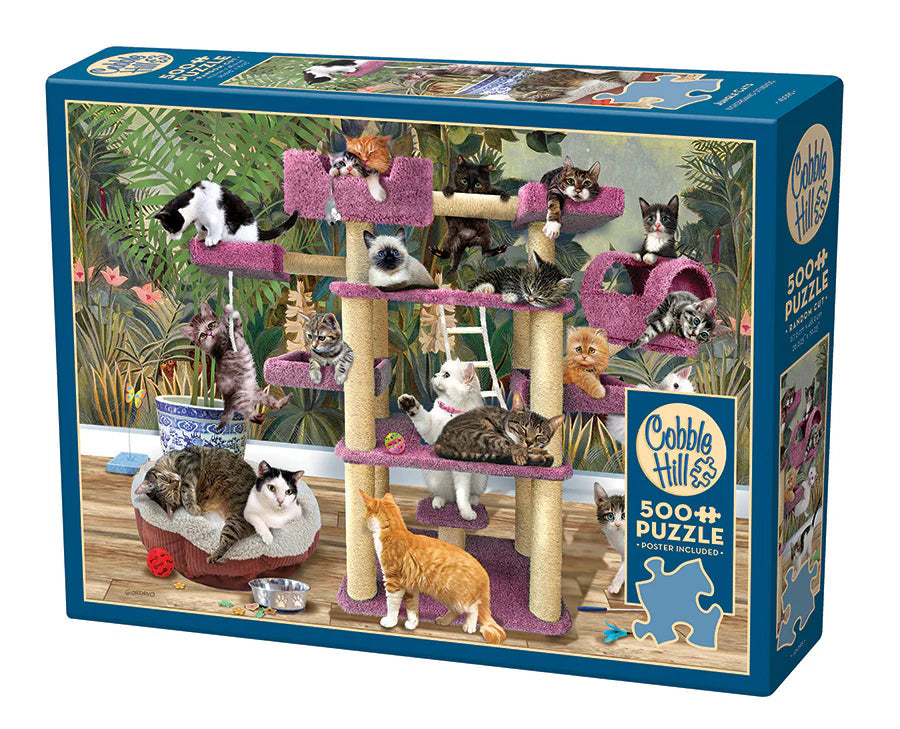 Jungle Cats- 500 Piece
From Cobble Hill
Don't be fooled into fear by the Jungle Cats. These furry felines are harmless. You may get a momentary stare, but then they're back to business playing on their cat pink cat tower. It seems a couple may be missing from the foreground as they've escaped into the wall of tall plants