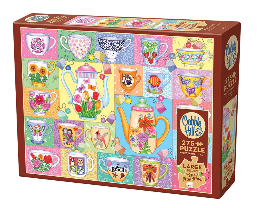 Which Cup?- Easy Handling-275 Piece
From Cobble Hill
Tea can be enjoyed through all the seasons. After deciding what tea you want, the next biggest question is, "Which Cup?" This colourful and cheery Easy Handling 275 Piece puzzle is formatted in a collage style with bright backgrounds setting the stage for teacups celebrating various seasons. From sunflowers to Santa, there is sure to be a favourite teacup for all.