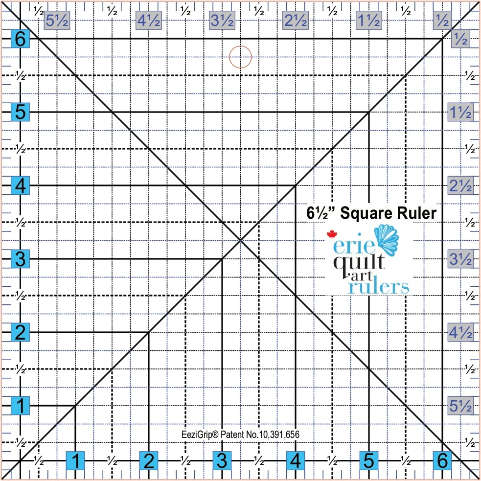 Non-Slip Quilting Ruler 6.5" x 6.5" Designed by Canadians for Canadians, Erie Quilt Art Rulers feature easy-to-read lines for marking and measuring fabric, as well as multiple angles. Each ruler has a non-slip coating that makes for more accurate cutting.