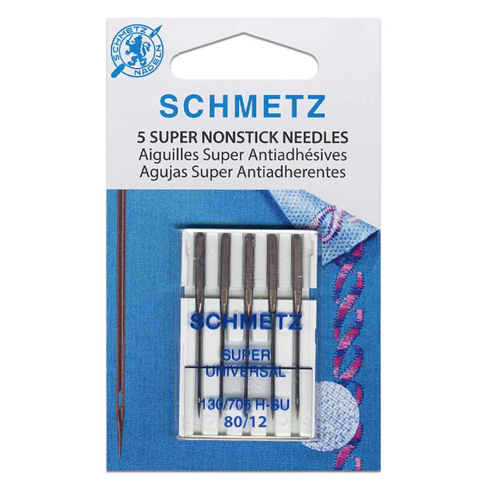 SCHMETZ #4502 Super NonStick Needles Carded - 80/12 - 5 count A super universal needle with a non-stick coating of NIT (Nickel-Phosphor-PTFE). Extra-large eye is suitable for embroidery work.