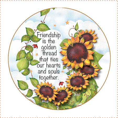 Friend Sunflower fabric art panel 5" in diameter. 100% cotton, permanent dyes. Printed in the USA. Perfect for appliqués, elements in quilted projects, base designs