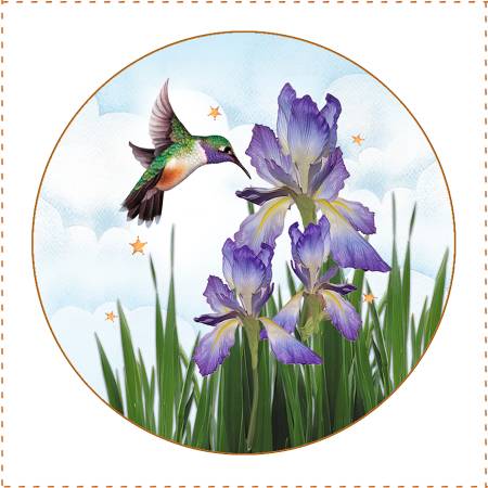 Iris Hummingbird fabric art panel 5" in diameter. 100% cotton, permanent dyes. Printed in the USA. Perfect for appliqués, elements in quilted projects, base designs in fabric and rope bowls, or framed in a 5" embroidery hoop and embellished.