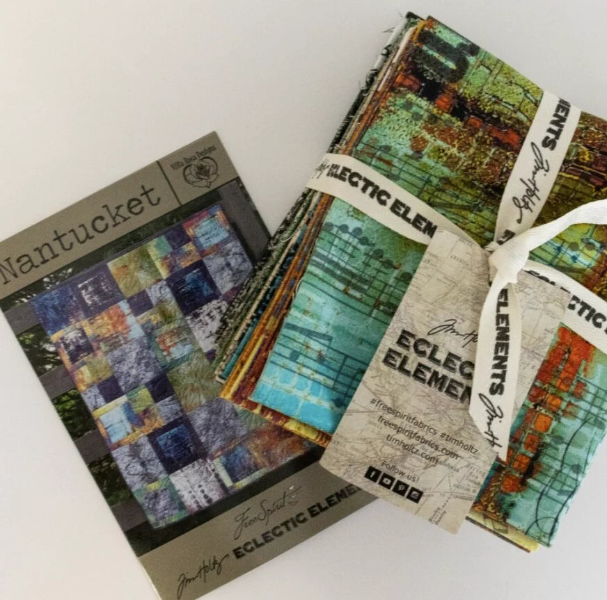 Tim Holts Spark Pack-Includes; 10 Abandoned Fat Quarters-1/2 yard binding-4 Villa Rosa Spark Pack Patterns shown in Tim Holtz Abandoned Fabrics.