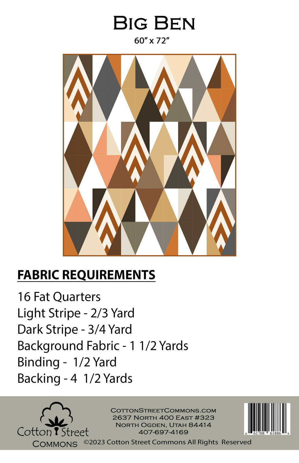 Big Ben Quilt Pattern
From Cotton Street Commons
Big Ben uses Half Rectangle Triangles, and I have a fun trick to making them easy in the pattern.
QUILT SIZE: 60" X 72"