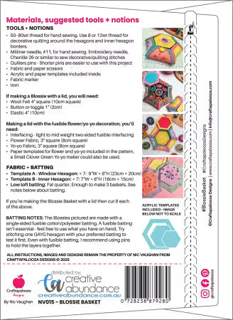 Blossie Basket back cover of the pattern book with requirements for materials, tools, and notions to make a Blossie basket.