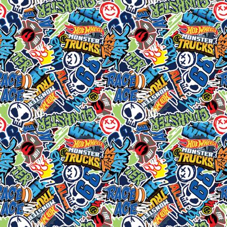 Hot Wheels Monster Trucks Logos Multi-Riley Blake-Licensed Products-100% Cotton-43/44"