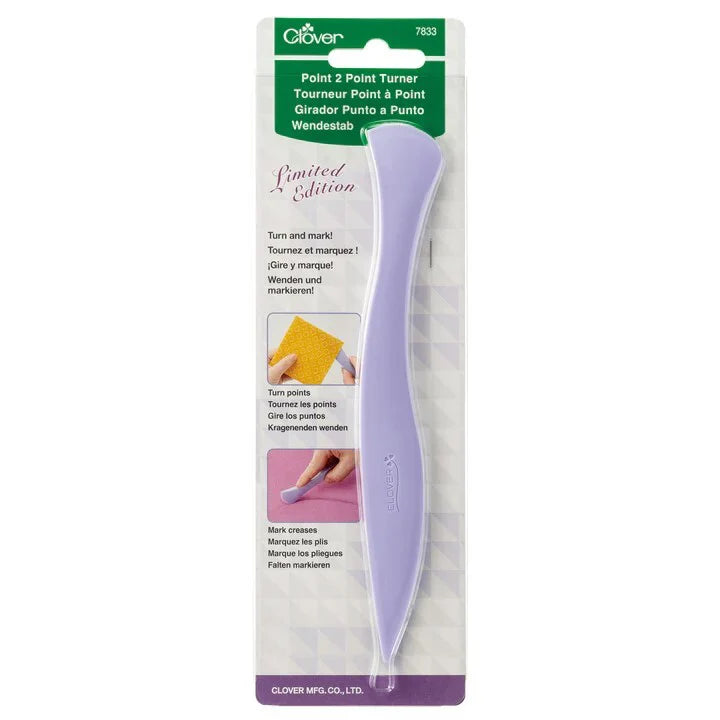Clover 2 Point Turner - Lavender - Limited Edition
Turn every point perfectly. Features two turner tips, hera marker, finger presser and two curved edges to push out along curved or long seams. Ideal for point turning, detail work, pressing seams or marking fabric.