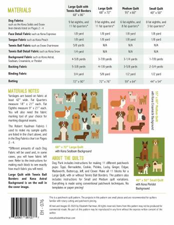 Dog Park
Dog Park includes instructions for making 11 different patchwork pups and four different sampler quilt sizes. Everything is made with conventional patchwork techniques. No templates or paper piecing-The pattern includes a detailed chart showing the specific fabrics I used to make my samples, but don’t hesitate to make different fabric/color choices!