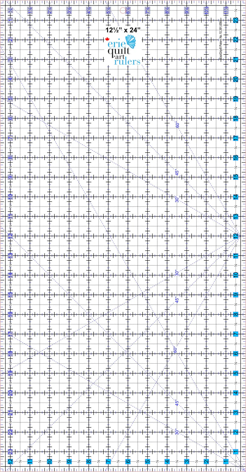 Non-Slip Quilting Ruler 12.5" x 24" Designed by Canadians for Canadians, Erie Quilt Art Rulers feature easy-to-read lines for marking and measuring fabric, as well as multiple angles. Each ruler has a non-slip coating that makes for more accurate cutting.