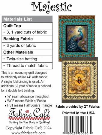 Majestic Individual Pattern-
From Fabric Cafe-Individual lap-size 3-yard quilt pattern. Great for using fabric panels. Finished size 46" X 57"