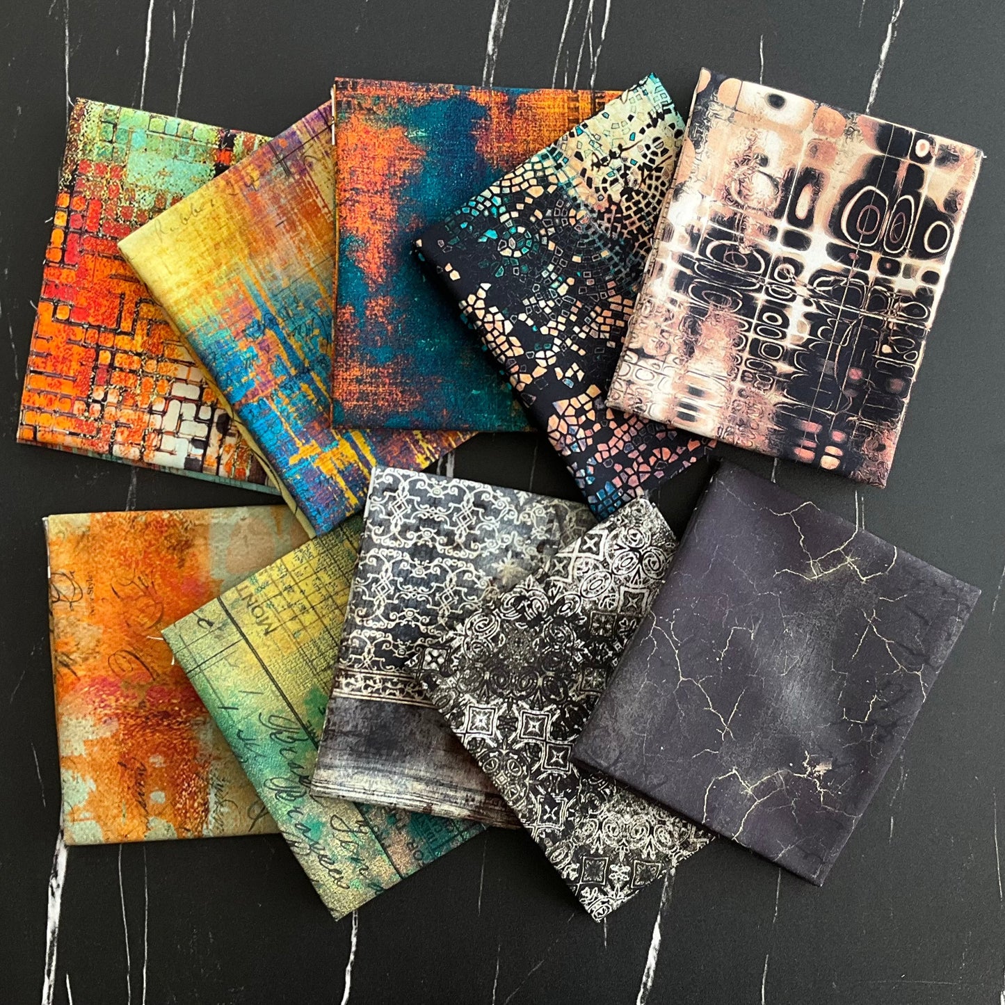 Tim Holts Spark Pack-Includes; 10 Abandoned Fat Quarters-1/2 yard binding-4 Villa Rosa Spark Pack Patterns shown in Tim Holtz Abandoned Fabrics.