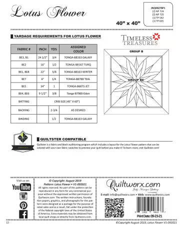 Quilt pattern guide for 'Lotus Flower' by Timeless Treasures with fabric yardage requirements.