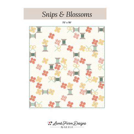 Snips and Blossoms- Quilt Pattern
From Lamb Farm Designs
By Jennie Jo Lamb
Introducing the Snips & Blossoms quilt pattern, a delightful design that brings together spools of thread, spring blossoms, and scissor blocks, making it a perfect quilt for sewers and crafters alike. Great in any bright and playful fabric or muted soft tones