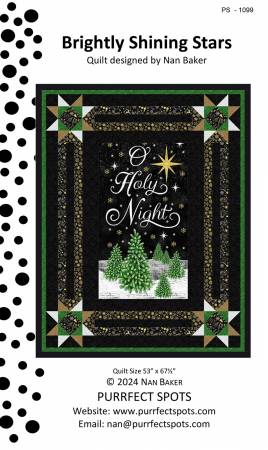 Brightly Shining Stars Quilt Pattern-From Quilt Woman.com-Pattern designed by Nan Baker of Purrfect Spots-This pattern would look great in any fabric. All you need to start is any 22 1/2" by 39" fabric panel. Finished Size-Lap/Throw 53" x 67 1/2"-Skill Level: Intermediate-Technique: Pieced