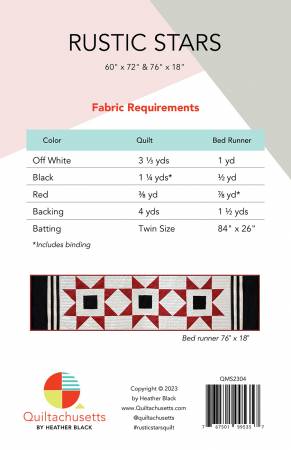 Rustic Stars may look simple but it packs a punch. Whether you want to add a vintage look to your home at Christmas or to your everyday decor it'll do the job. The pattern includes easy to follow instructions for both a throw quilt and bed runner. This beginner pattern is 12 pages long and features full color diagrams and a coloring page. Printed Paper Pattern Finished Size: 60in x 72in & 18in x 76in Final Product: Quilt Technique Used: Standard Machine Sewing Skill Level: Beginner