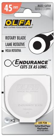 OLFA Endurance Rotary Blade cuts twice as long and fits all OLFA 45mm rotary cutters. It’s the perfect marriage of precision and quality that you expect from OLFA: it cuts effortlessly and retains its edge longer. 2 Blades included.