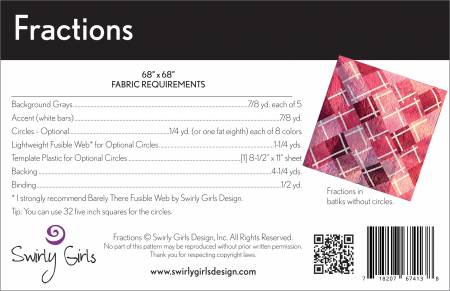 Fractions Quilt Pattern From Swirly Girls Design Make a modern statement with this graphic design. 5 background colors and an accent. Add circle appliques for a modern flair. Looks great in solids, prints or batiks. Size: 68" x 68"