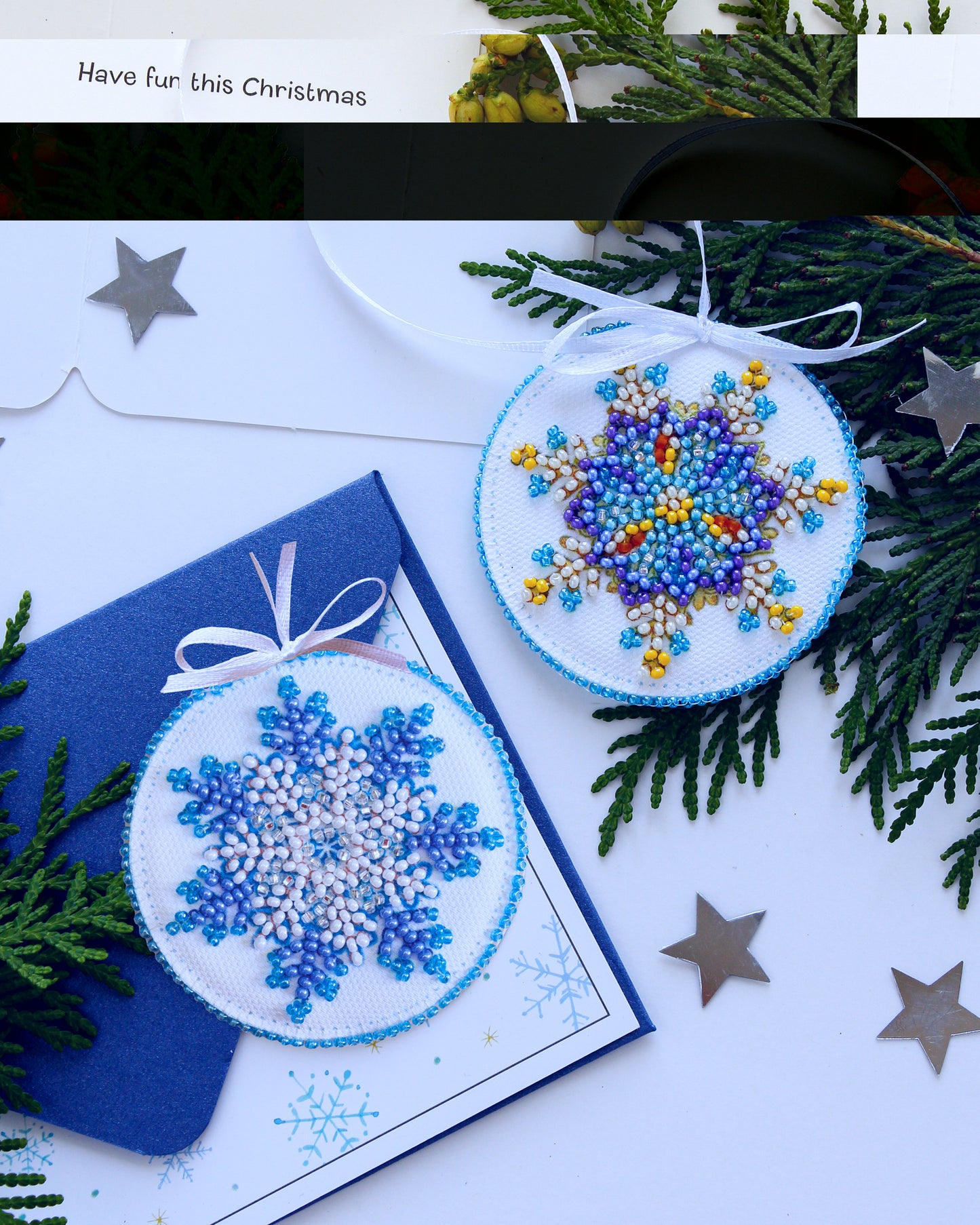 Small Snowflake Beaded Embroidery Kit From Abris Art
Number of colors: 9
Number of beads: 513 pcs
Picture size approx: 2.5" x 2.5"