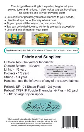 Back of a product packaging for a sewing bag with text and images of the Mega Dream Bag by Bodobo Bags.