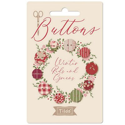 Tilda-Creating Memories Buttons 0.4 and 0.7 inches-Christmas and Valentine Reds/Greens-100% Cotton Covered with Metal Core. 10 Pieces