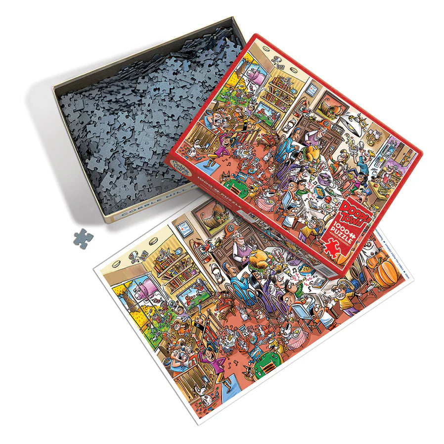DoodleTown-Thanksgiving Togetherness-1000 Piece
From Cobble Hill
There is nothing like the chaos of Thanksgiving Togetherness. No need to embellish your post-Thanksgiving story when you have a crazy cousin or uninterested uncle to keep things interesting. This story tells more than just the turkey day football game or Grandpa carving up the turkey - you're in for 1000 pieces of pure cartoon fun as you discover the dogs, cats, and rats having their own party.