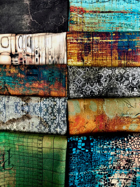 Tim Holts Spark Pack-Includes; 10 Abandoned Fat Quarters-1/2 yard binding-4 Villa Rosa Spark Pack Patterns shown in Tim Holtz Abandoned Fabrics.