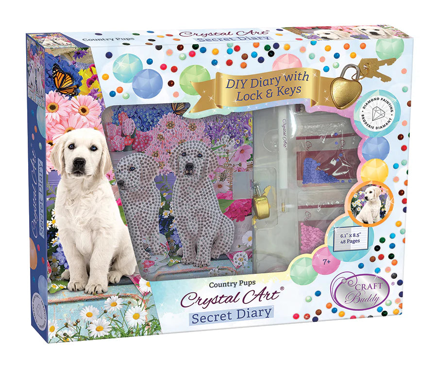 Secret Diary Kit-Country Pups-Crystal Art-A personal journal or notebook known as a "diary" is used to keep track of everyday experiences, thoughts, feelings, and reflections. It is a tool that gives people a platform for self-expression and personal development by enabling them to reflect on and document their lives. Imagine keeping a secret diary with a beautiful crystal art design and writing about your day in it. Each diary includes 48 lined pages and is 6.1" x 8.5"