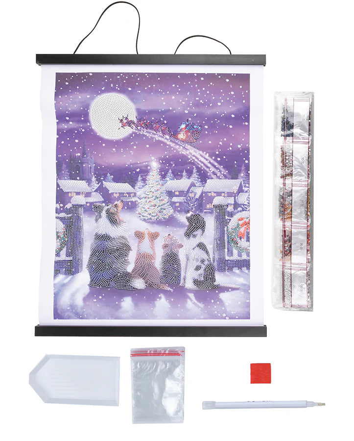Scroll Kit-Festive Full Moon - Crystal Art-Behold our enchanting Crystal Art Scroll Kit, where the magic of Christmas comes to life in a captivating scene straight out of a winter wonderland tale. At the heart of the scene lies a quaint village nestled amidst a blanket of freshly fallen snow. In the center of the village square stands a majestic Christmas tree, adorned with twinkling lights and shimmering ornaments that cast a warm glow over the surrounding landscape.