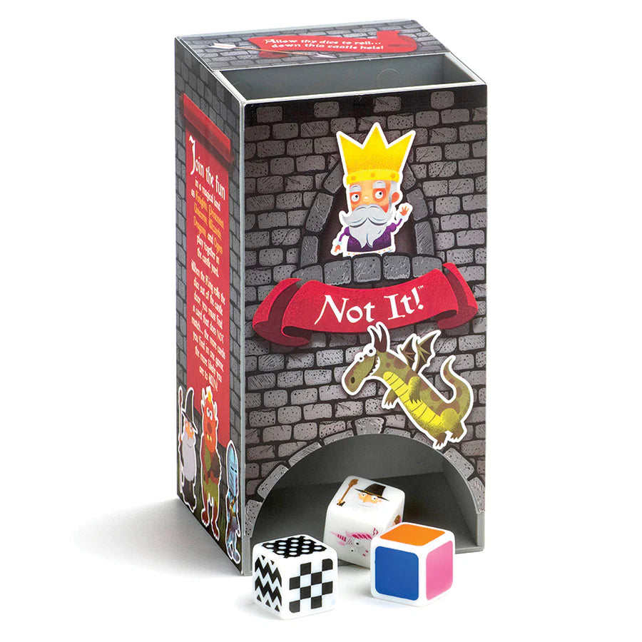 Not It! - Castle Land - Dice and Card Game-Spot the card that does NOT match & do it fast - don't be last!
Not It - Castle Land is a quick paced card game. When the dice roll from the tower, race to find a card in your hand that doesn't match the attributes on the dice. Will you be the rule of this kingdom?