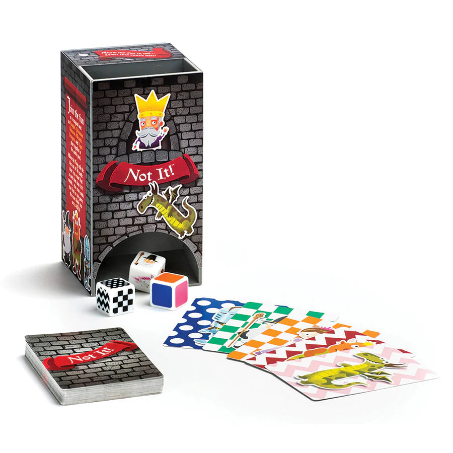 Not It! - Castle Land - Dice and Card Game-Spot the card that does NOT match & do it fast - don't be last!
Not It - Castle Land is a quick paced card game. When the dice roll from the tower, race to find a card in your hand that doesn't match the attributes on the dice. Will you be the rule of this kingdom?