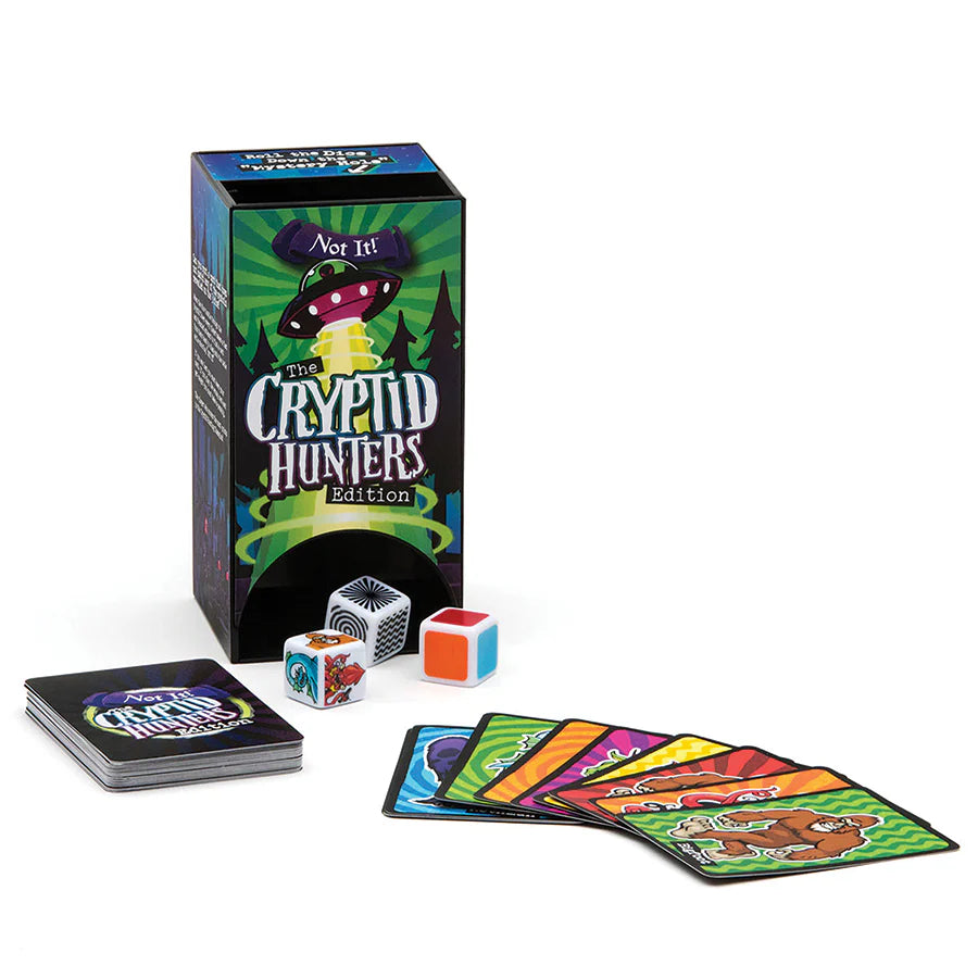 Not It! - The Cryptid Hunters Edition - Dice and Card Game
Not It - Cryptid Hunters is a themed game based off the original Not It! card and dice game. You have to be an insanely quick beast to take down these creepy cryptids: Mothman, Kraken, Bigfoot, Grey Alien, Nessie and Chupacabra! Let the three dice roll from the Crypt Tower and be quick to find a card in your hand that does not match. First one to play all the cards doesn't get stomped on by Bigfoot. How's that for motivation?