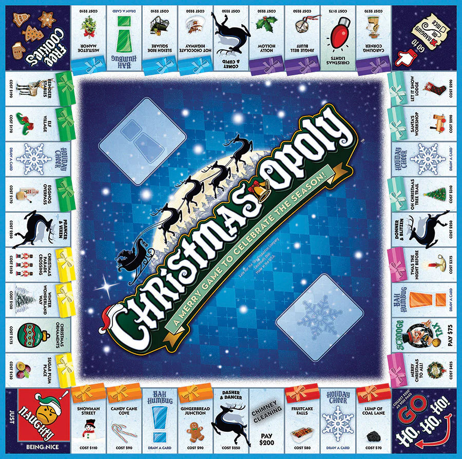 Christmas-Opoly Board Game-
Celebrate the holiday season with Santa and his reindeer in Christmas-Opoly! Enjoy all the fun of the classic game, but with a festive twist; you may even catch a glimpse of Santa himself as you go around the board! So ho-ho-ho - let the Christmas cheer begin!