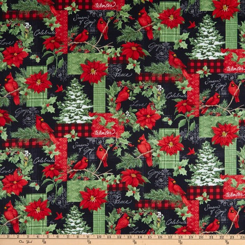 Large Patchwork Black - Christmas From Wilmington Prints By Susan Winget Season of the Heart Collection 100% Cotton