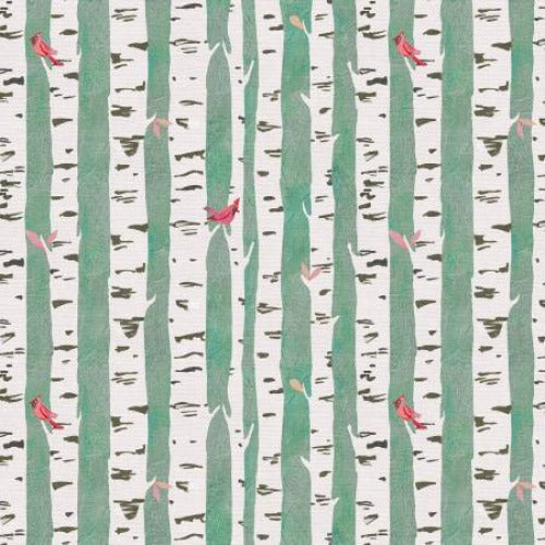 Mod Christmas Birds Birch Trees White/Green From: Paintbrush Studio By Amarilys Henderson 100% Cotton 44/45"
