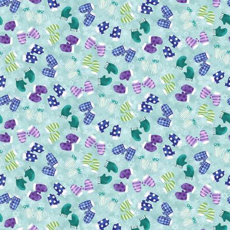 Aqua Mittens Allover From Henry Glass By Barb Tourtillotte Flurry Friends Collection 100% Cotton 44/45"