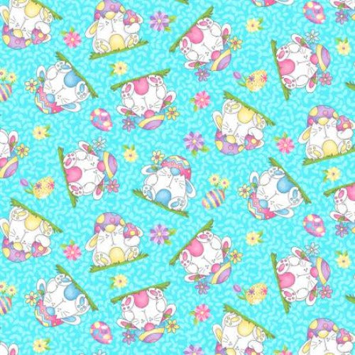 Blue Bunnies Tossed From Henry Glass By Shelly Comiskey Hoppy Easter Gnomies Collection 100% Cotton